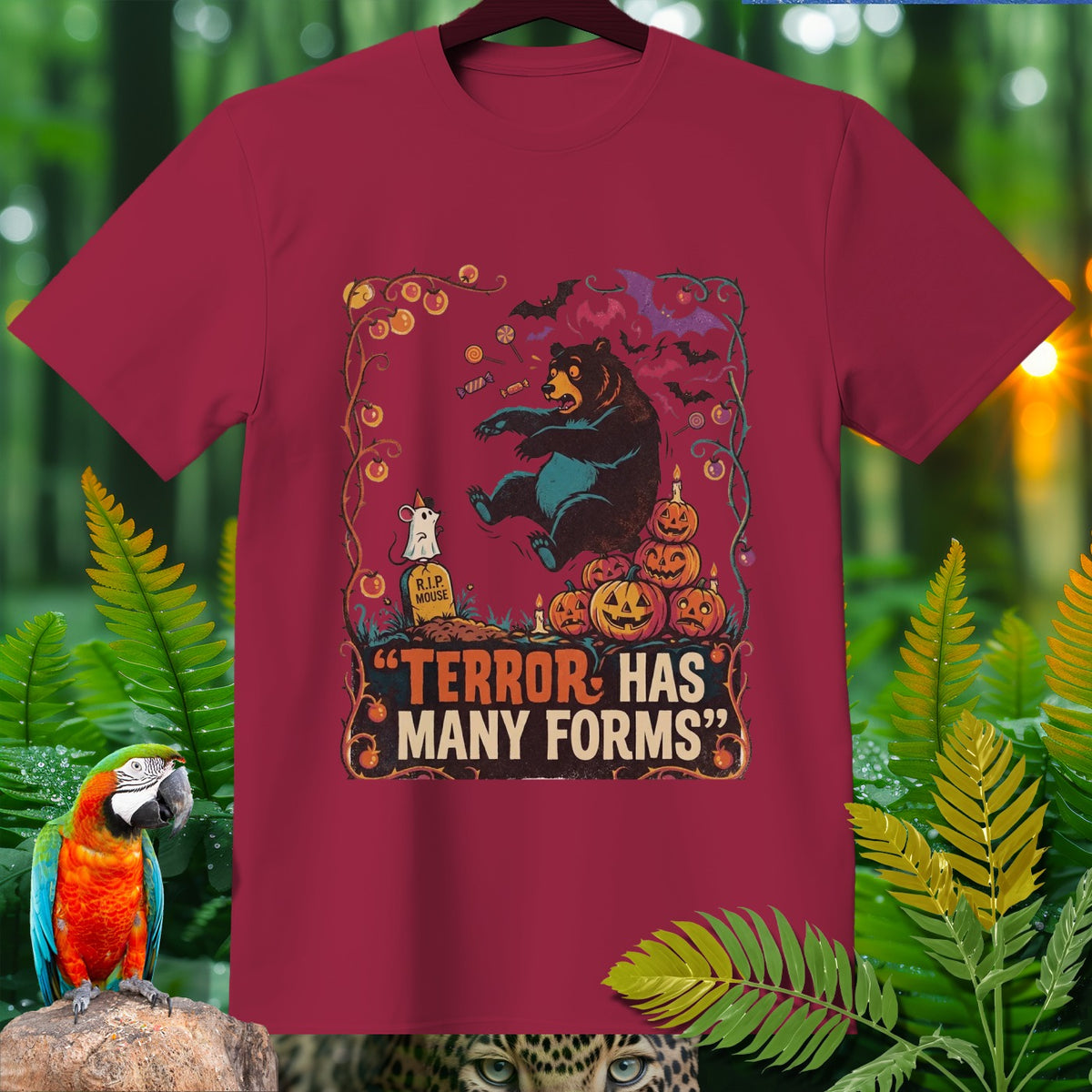 Maroon t-shirt with Halloween graphic featuring bear, mouse, pumpkins, and bats, stating "Terror Has Many Forms".
