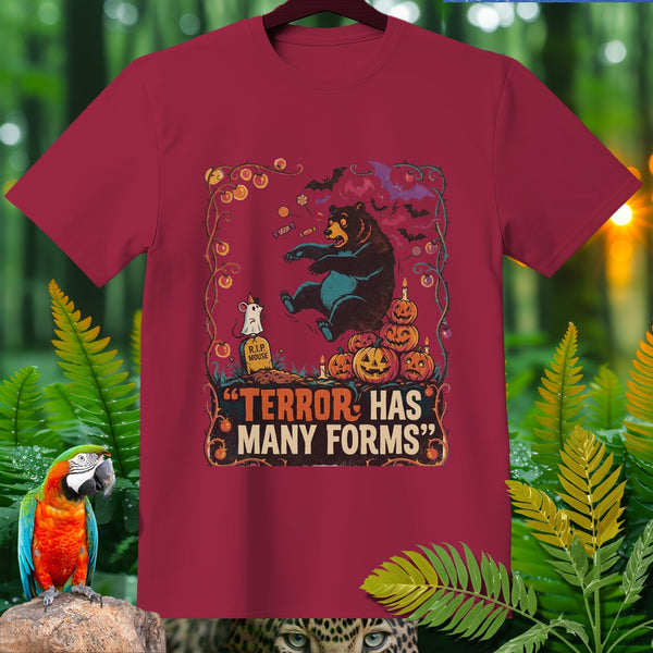 Maroon t-shirt with Halloween graphic featuring bear, mouse, pumpkins, and bats, stating "Terror Has Many Forms".