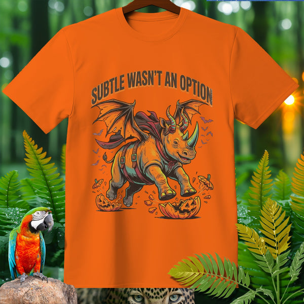 Orange t-shirt with winged rhino crushing a pumpkin, text "SUBTLE WASN'T AN OPTION".