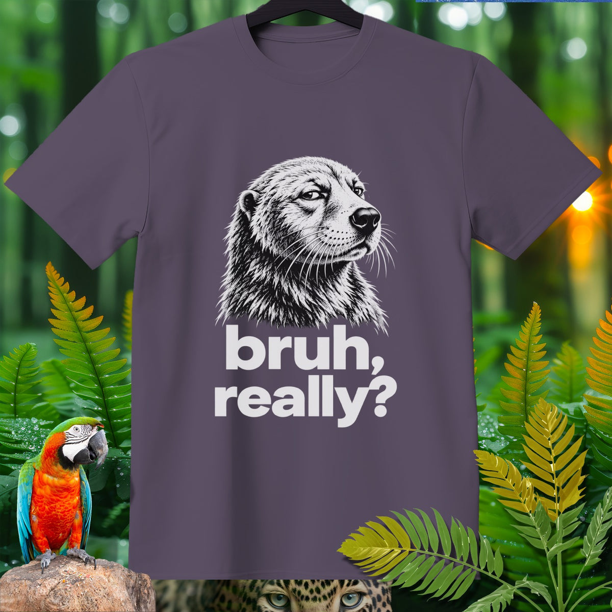Purple t-shirt with black and white drawing of a dog and text "bruh, really?".