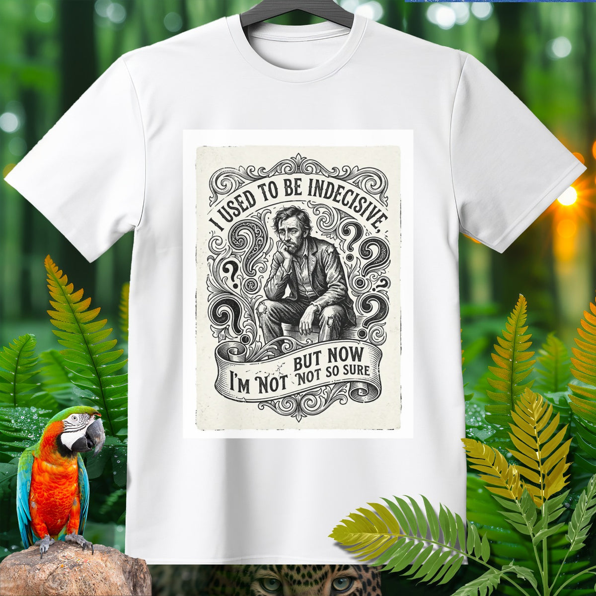 T-shirt features a distressed illustration with the text "I used to be indecisive, but now I'm not so sure."