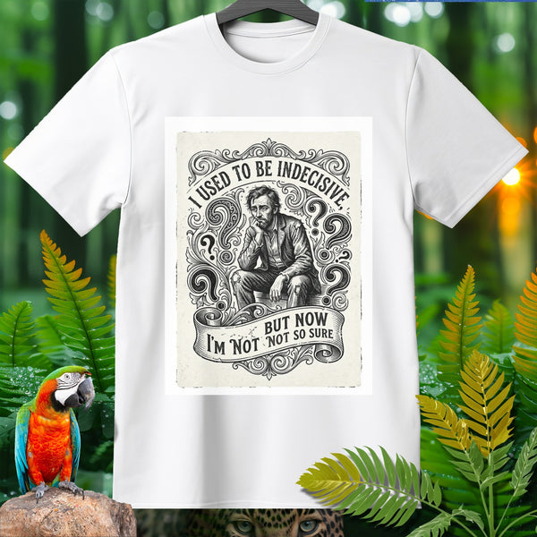 T-shirt features a distressed illustration with the text "I used to be indecisive, but now I'm not so sure."