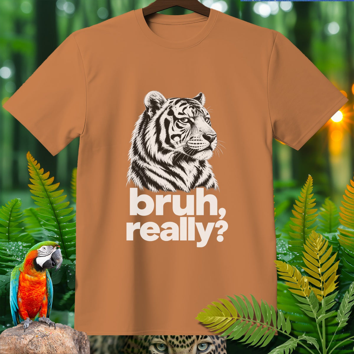 Orange t-shirt with a white tiger graphic and text "bruh, really?".