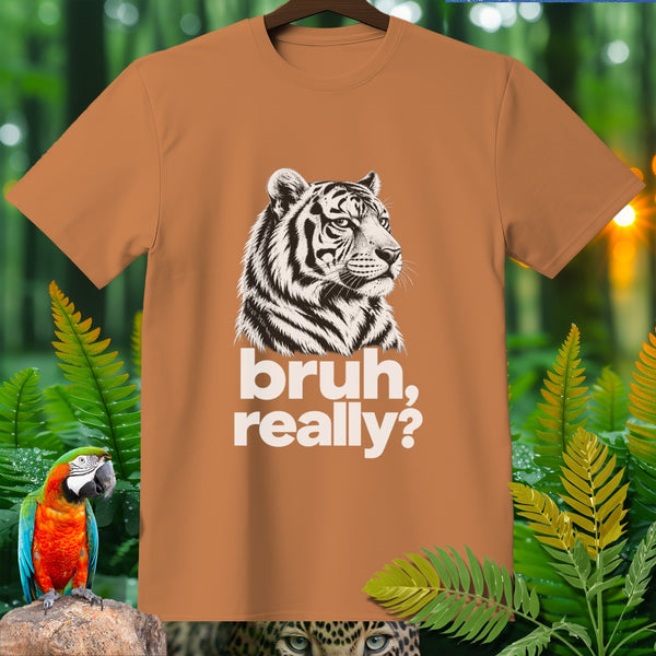 Orange t-shirt with a white tiger graphic and text "bruh, really?".