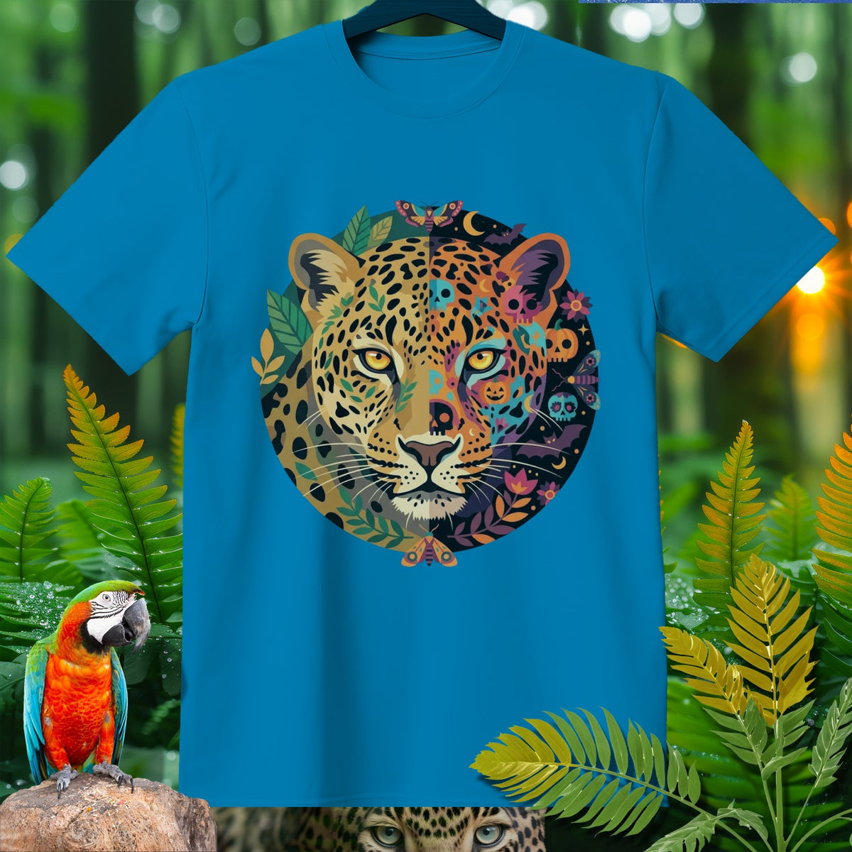 Blue t-shirt with a circular jaguar face design featuring floral and skull elements.