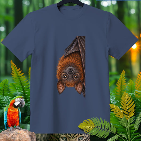 T-shirt with a close-up illustration of a furry brown bat hanging upside down.