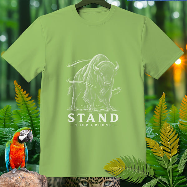 Light green t-shirt with a white bison graphic and text "STAND YOUR GROUND".
