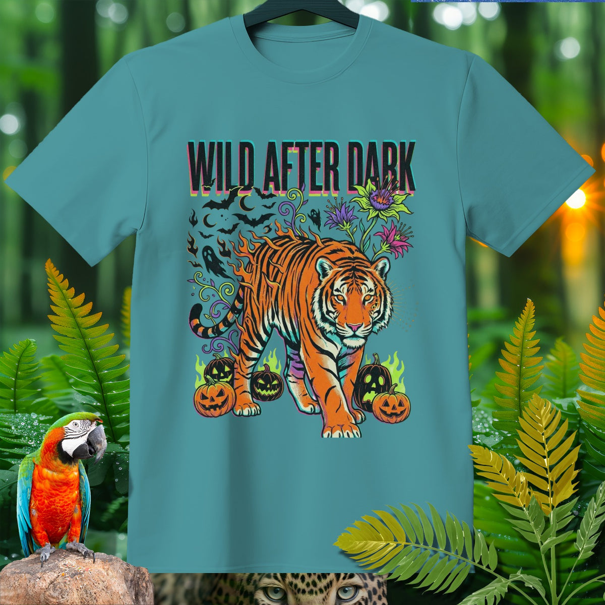 Teal t-shirt with a walking tiger, pumpkins, bats, ghosts, and the text "WILD AFTER DARK."