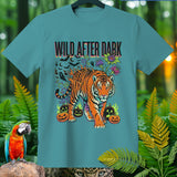 Teal t-shirt with a walking tiger, pumpkins, bats, ghosts, and the text 