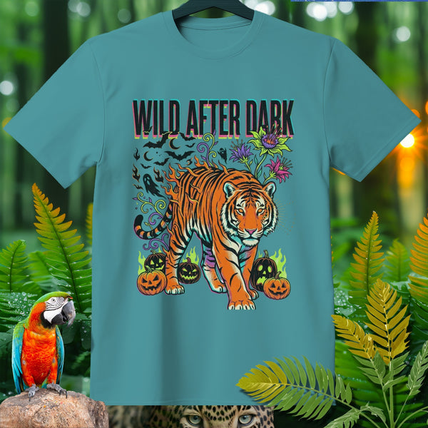 Teal t-shirt with a walking tiger, pumpkins, bats, ghosts, and the text "WILD AFTER DARK."