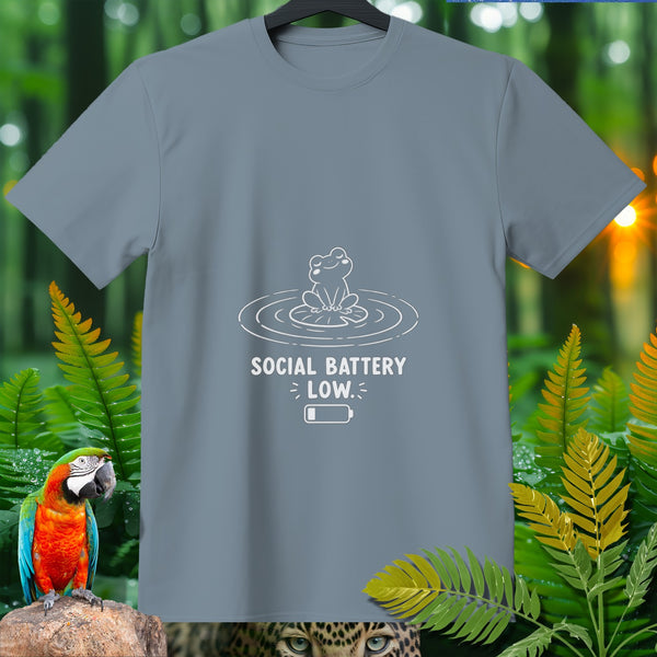 Gray t-shirt with white line drawing of a frog and "SOCIAL BATTERY LOW" text.