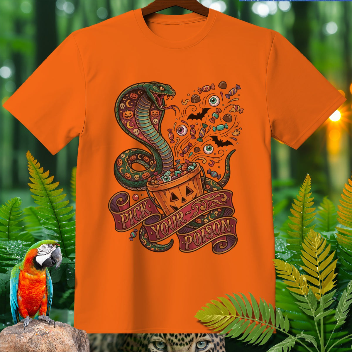 Orange t-shirt with a Halloween cobra, candy, and "Pick Your Poison" text.