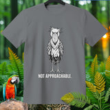 Gray t-shirt with a shoebill stork illustration and text 