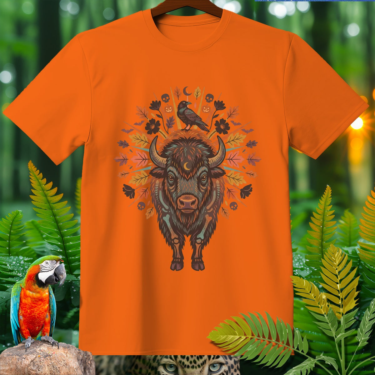 Orange t-shirt with a stylized buffalo, raven, and fall leaves design.