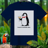T-shirt with a penguin holding a champagne glass and the text 