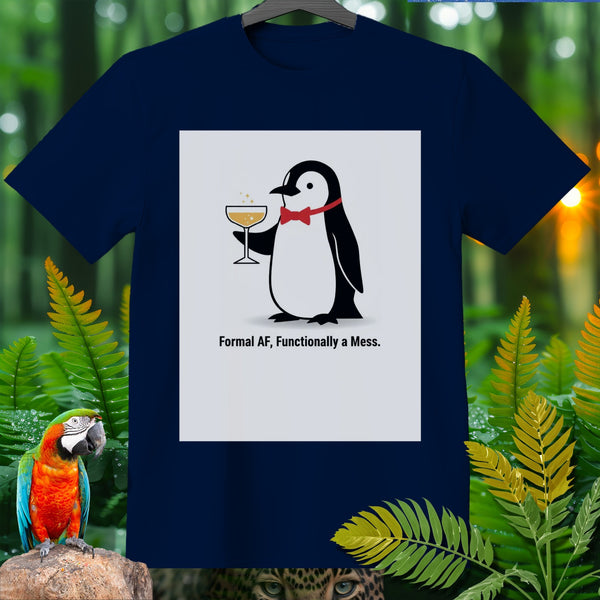 T-shirt with a penguin holding a champagne glass and the text "Formal AF, Functionally a Mess."