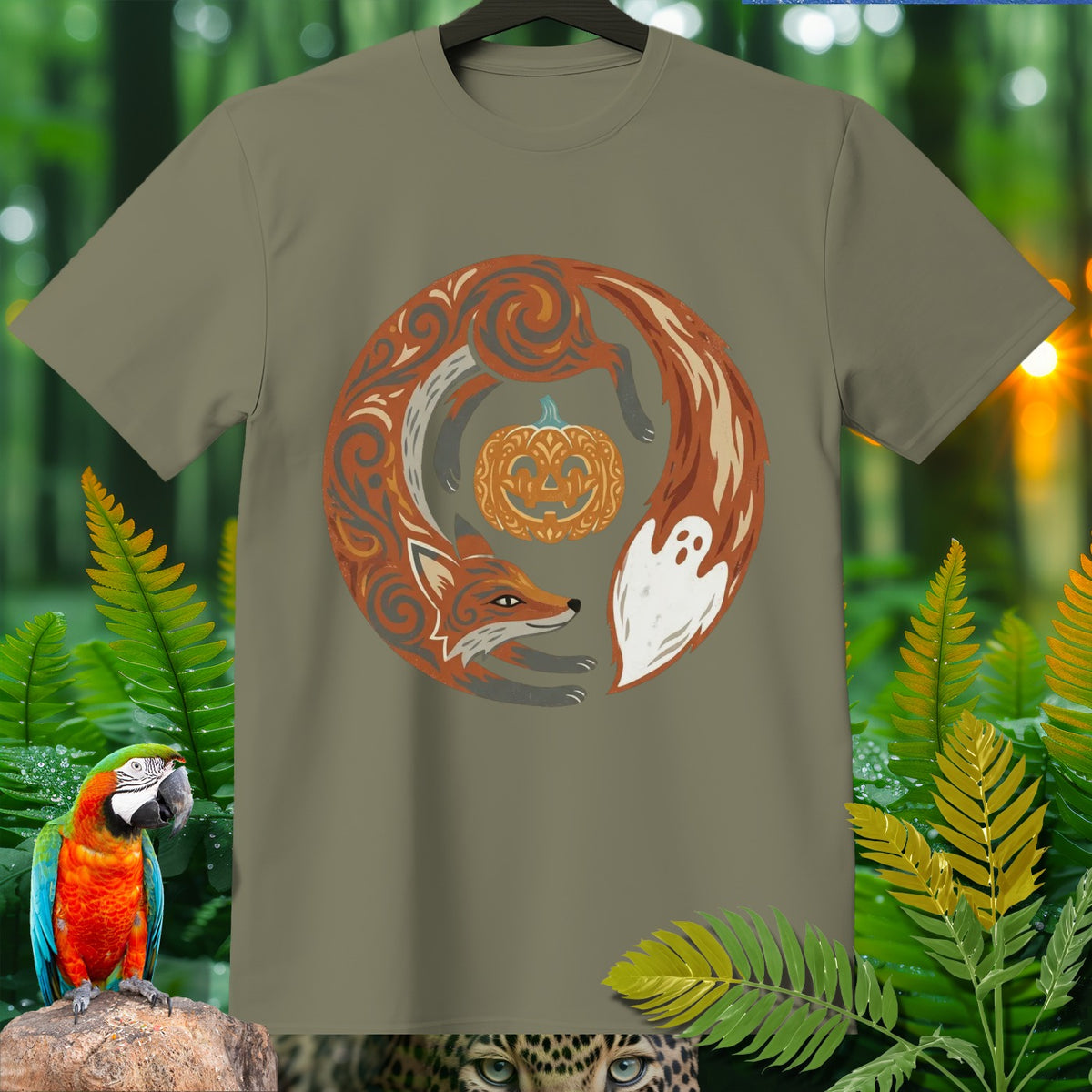 Olive green t-shirt with a circular Halloween design featuring a fox, pumpkin, and ghost.