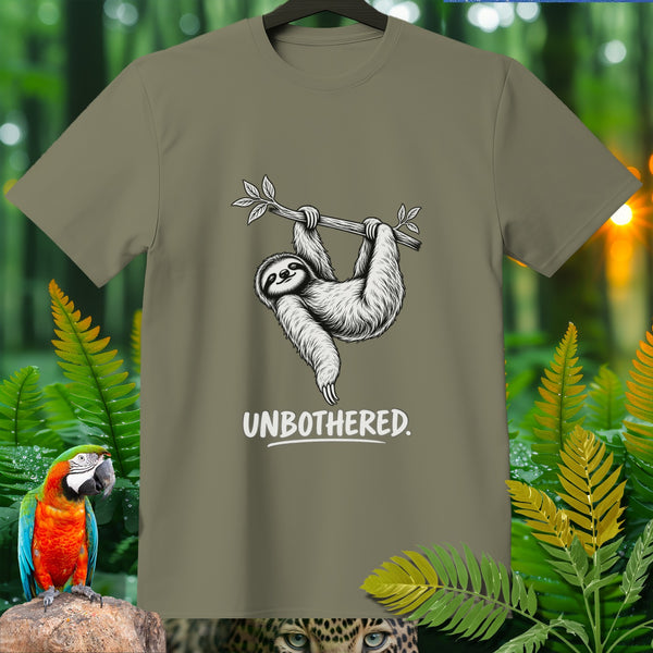 T-shirt with sloth graphic and text "UNBOTHERED."