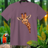 Purple t-shirt with cartoon giraffe peeking from the left edge.