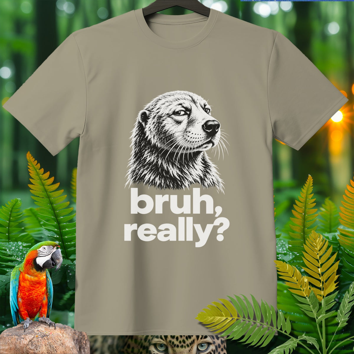 T-shirt with black and white drawing of a dog's head and "bruh, really?" text.