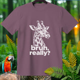 Mauve t-shirt with white giraffe graphic and text 