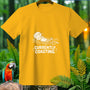 Yellow t-shirt with white graphic of otter floating and text "CURRENTLY COASTING."