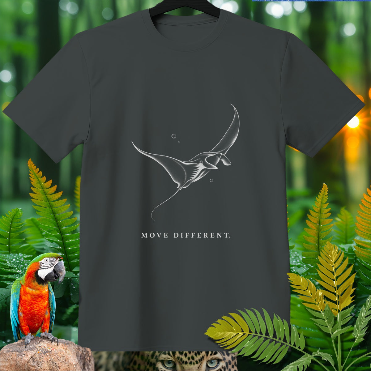 Dark grey t-shirt with white manta ray graphic and "MOVE DIFFERENT." text.