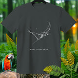Dark grey t-shirt with white manta ray graphic and 