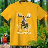 Yellow t-shirt with a drawing of a moose in water and text 