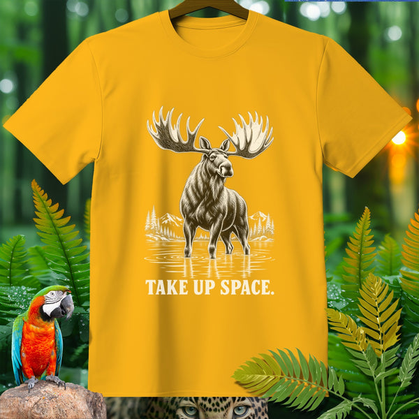 Yellow t-shirt with a drawing of a moose in water and text "TAKE UP SPACE."