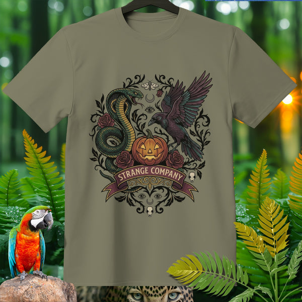 T-shirt with snake, raven, pumpkin, roses, and "STRANGE COMPANY" text graphic.