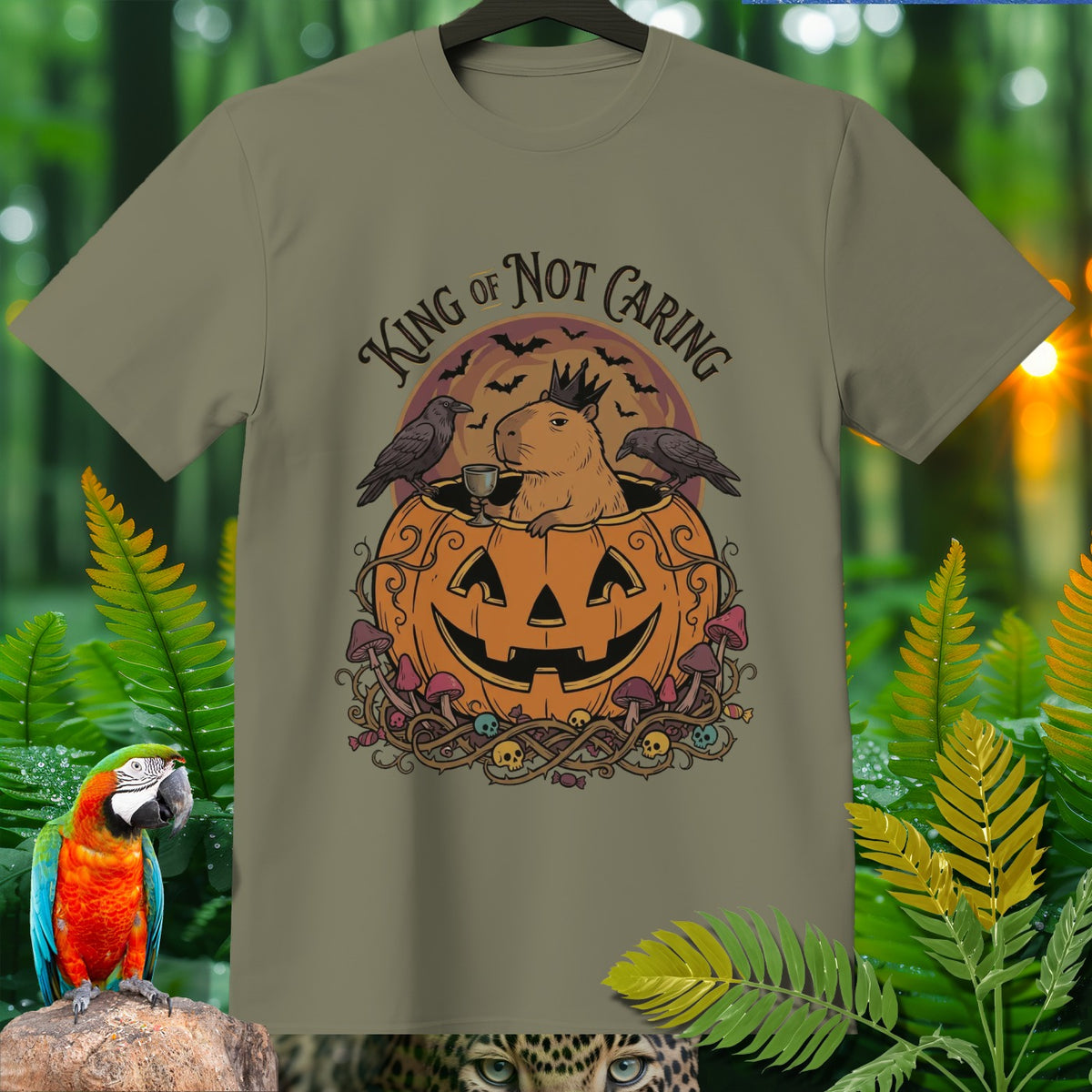 Capybara wearing crown sits in carved pumpkin with crows and text "King of Not Caring".