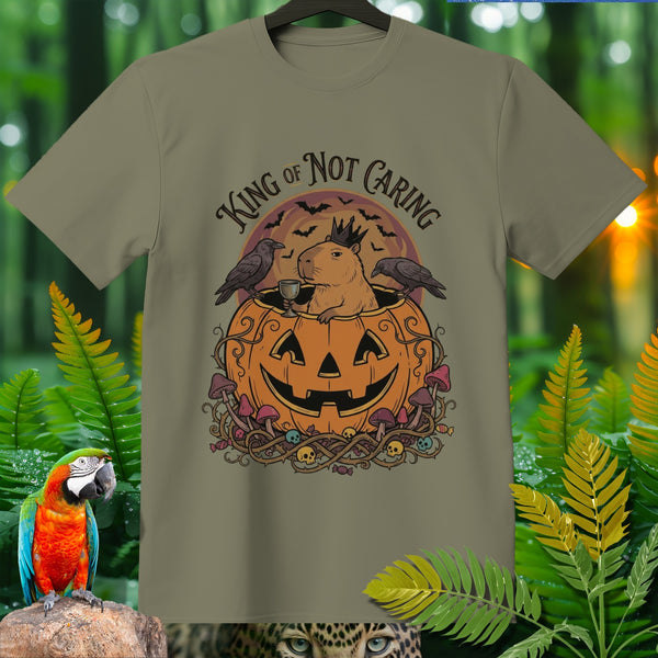 Capybara wearing crown sits in carved pumpkin with crows and text "King of Not Caring".