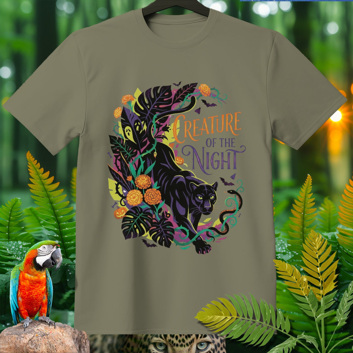 Black panther surrounded by foliage, with text "Creature of the Night".