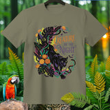 Black panther surrounded by foliage, with text 