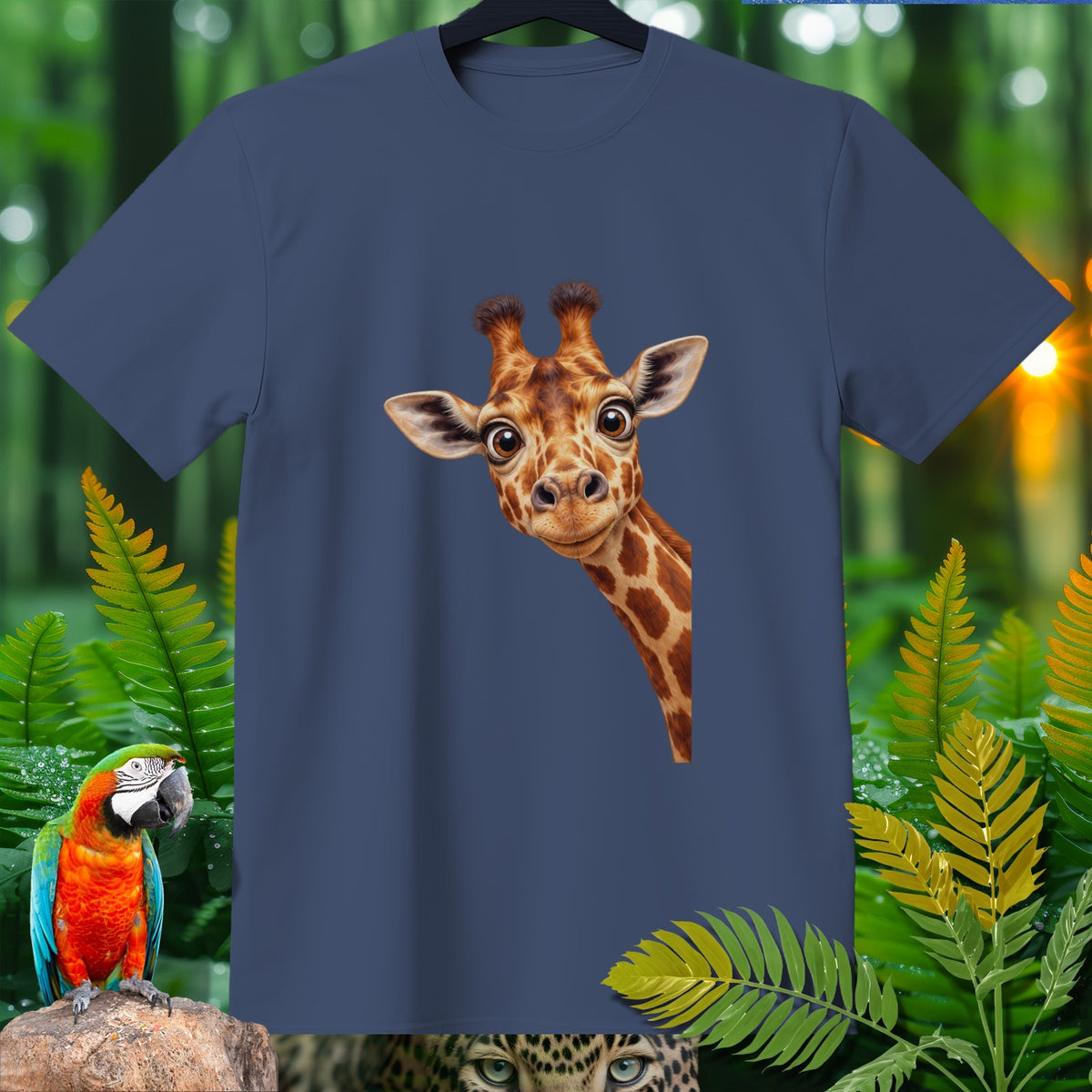 Dark blue t-shirt with a cute cartoon giraffe peeking from the right.