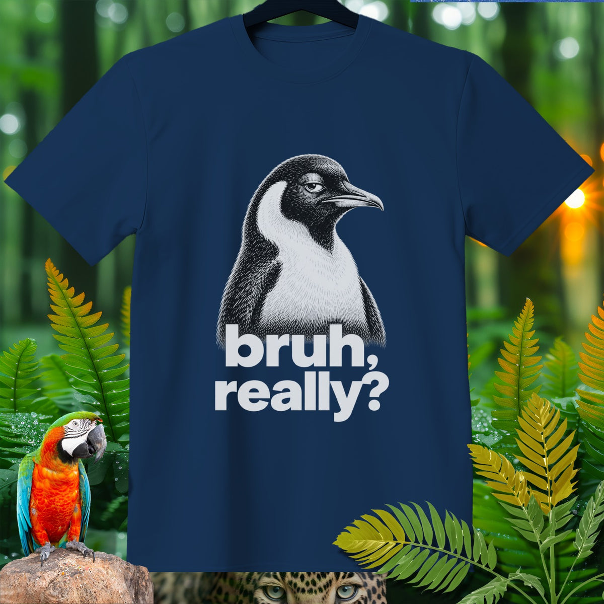 Navy t-shirt with a penguin graphic and text "bruh, really?".