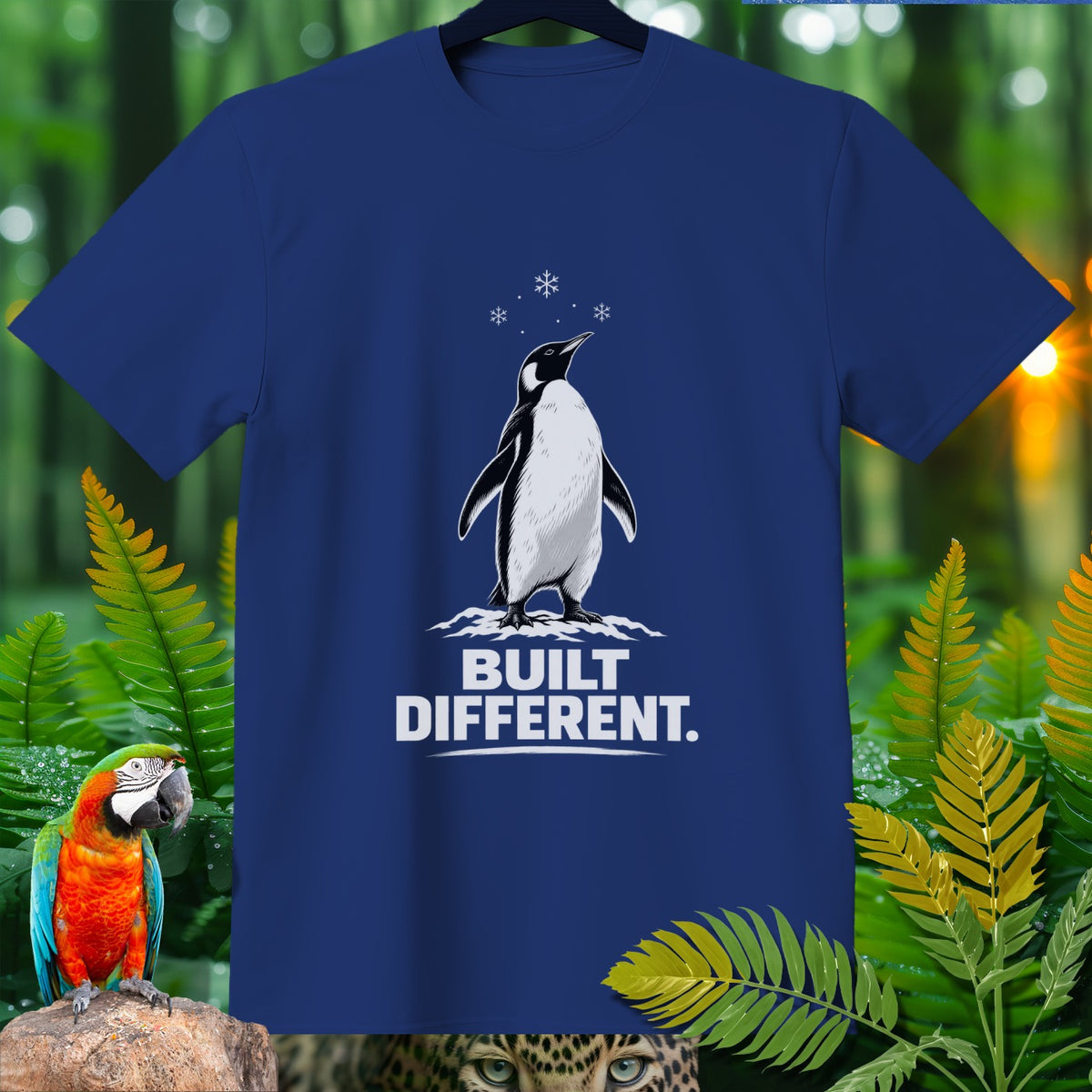Dark blue t-shirt with penguin graphic and text "BUILT DIFFERENT."