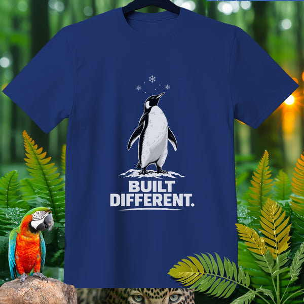 Dark blue t-shirt with penguin graphic and text "BUILT DIFFERENT."