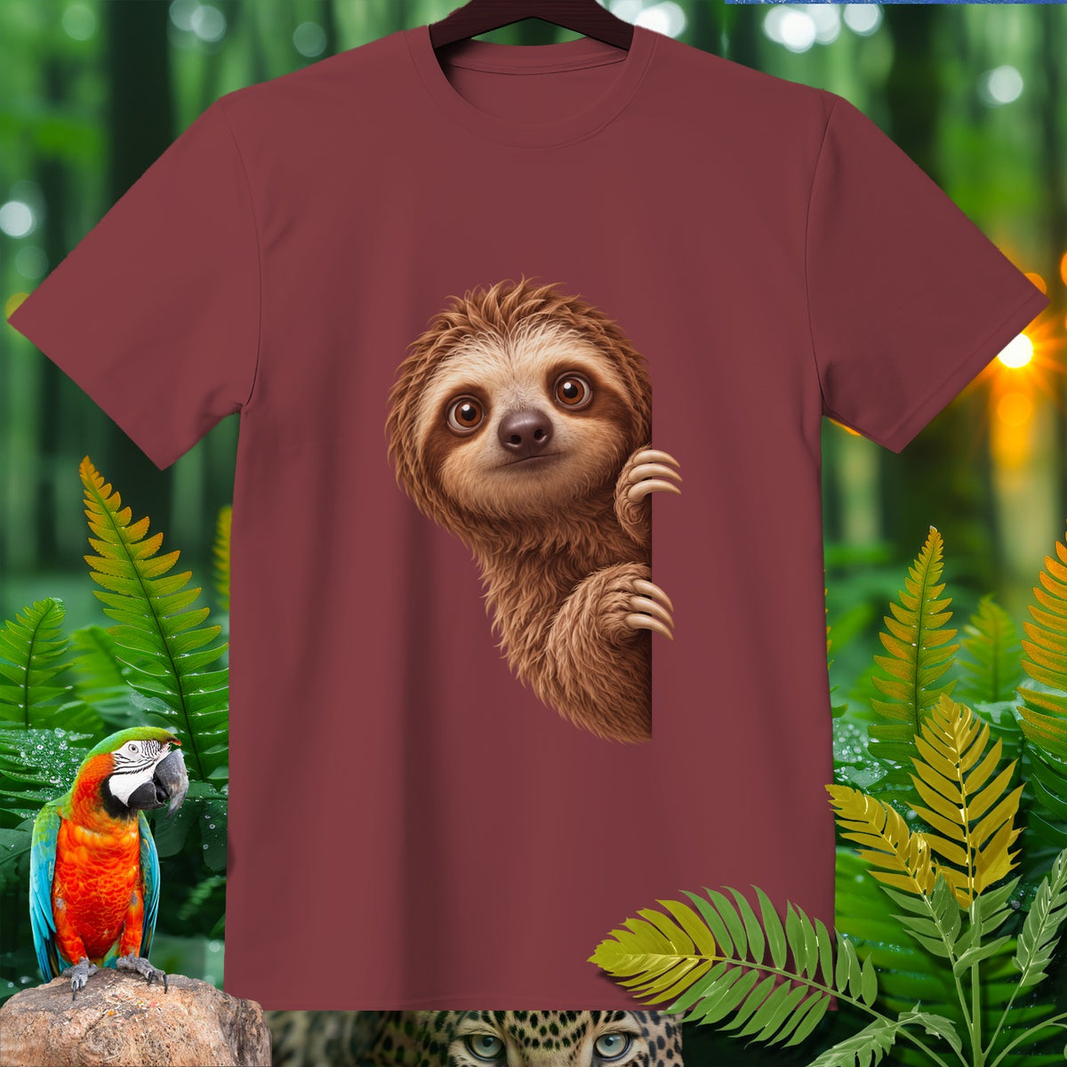 Maroon t-shirt featuring a cute sloth peeking from behind a green leaf.