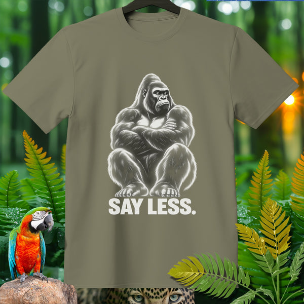 Olive t-shirt featuring a seated gorilla graphic with text "SAY LESS."