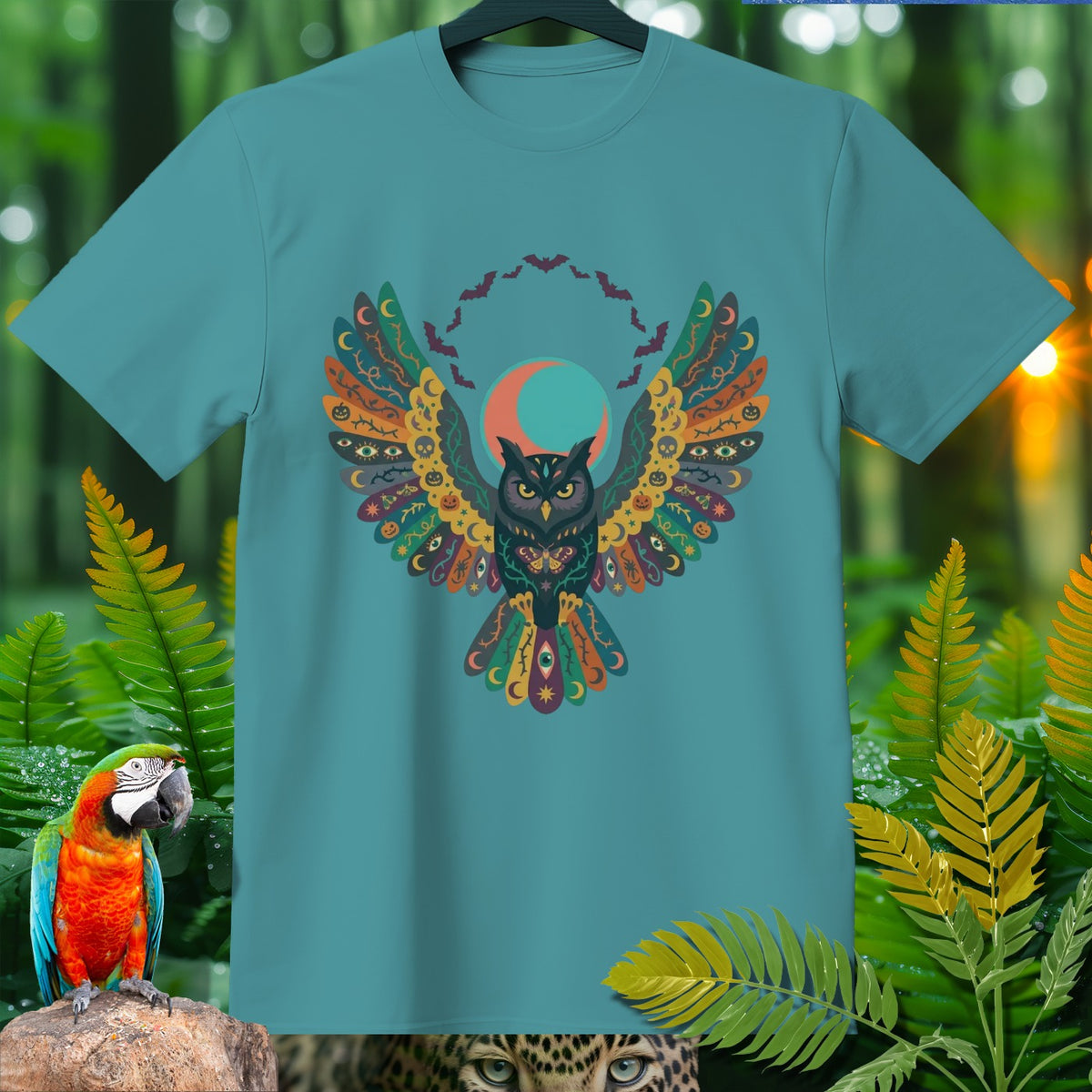 Teal t-shirt with a colorful owl design featuring Halloween motifs and crescent moons.
