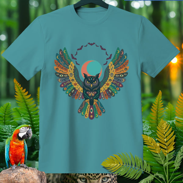 Teal t-shirt with a colorful owl design featuring Halloween motifs and crescent moons.