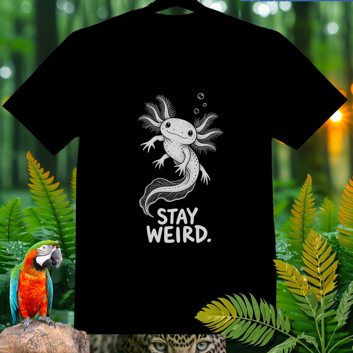 Black t-shirt with a white axolotl graphic and "STAY WEIRD." text.