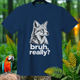 Navy t-shirt with a black and white illustration of a fox and the text 