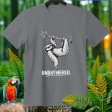 Grey t-shirt with a sloth hanging from a branch and the text 