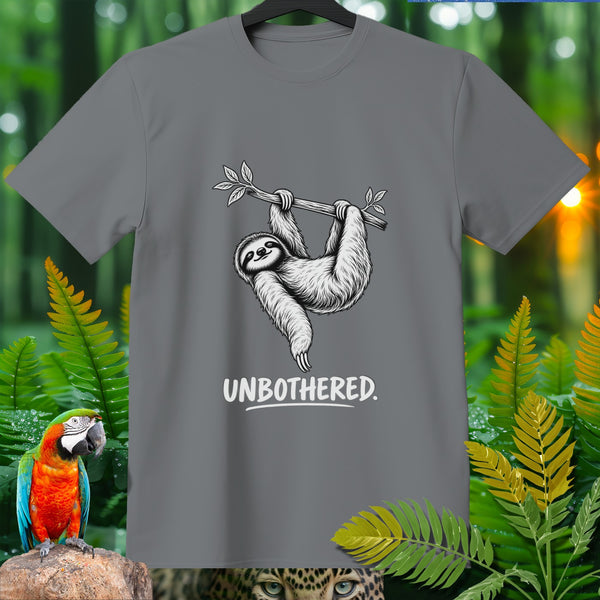 Grey t-shirt with a sloth hanging from a branch and the text "UNBOTHERED."