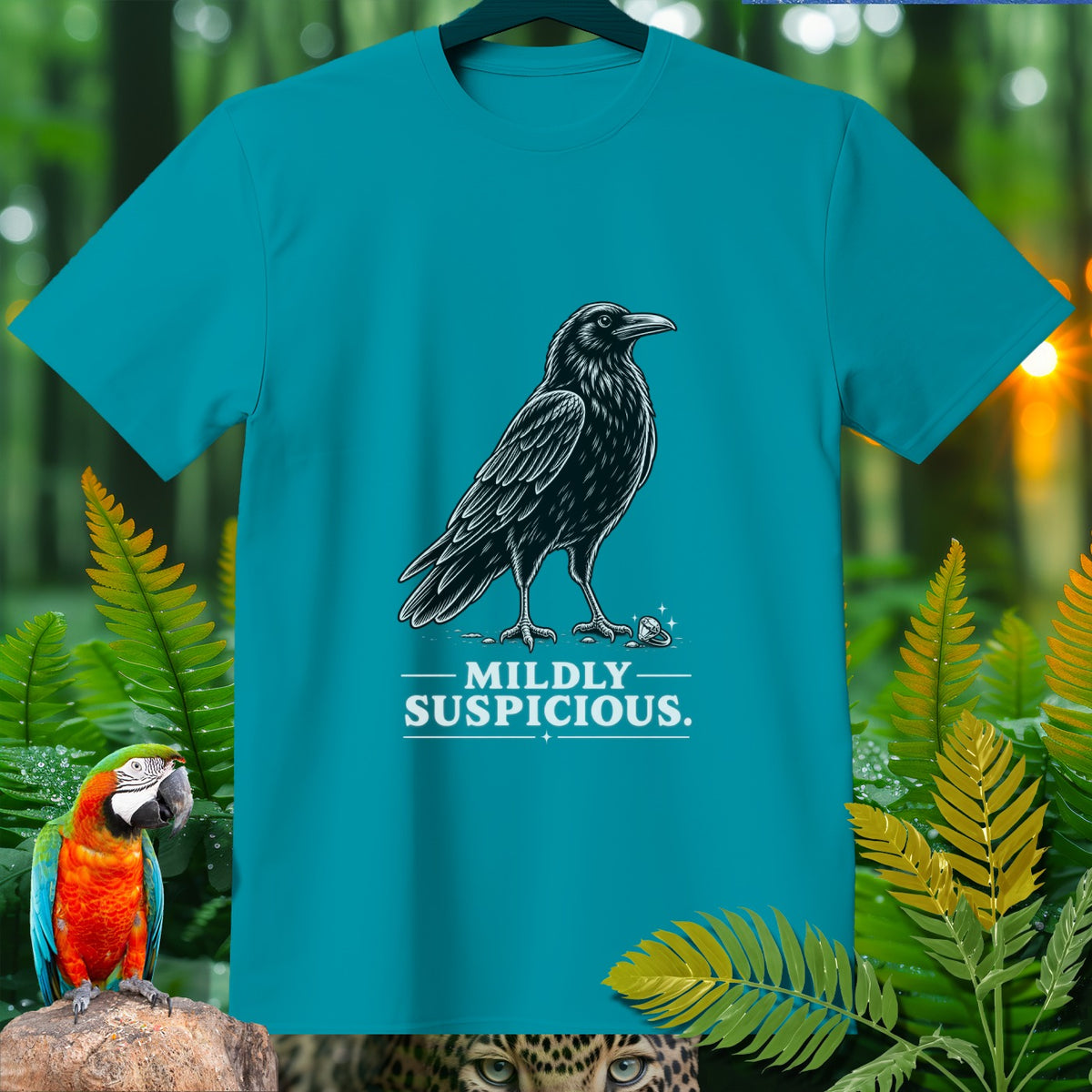 Turquoise t-shirt with a black crow graphic and text "MILDLY SUSPICIOUS."