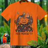 Orange t-shirt with wolves, jack-o'-lantern, and text 