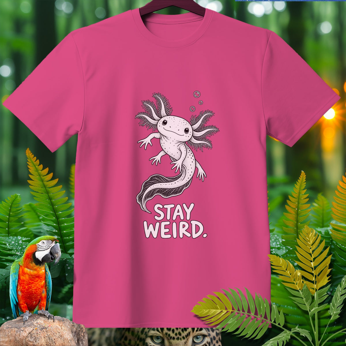 Pink t-shirt with axolotl graphic and "STAY WEIRD." text